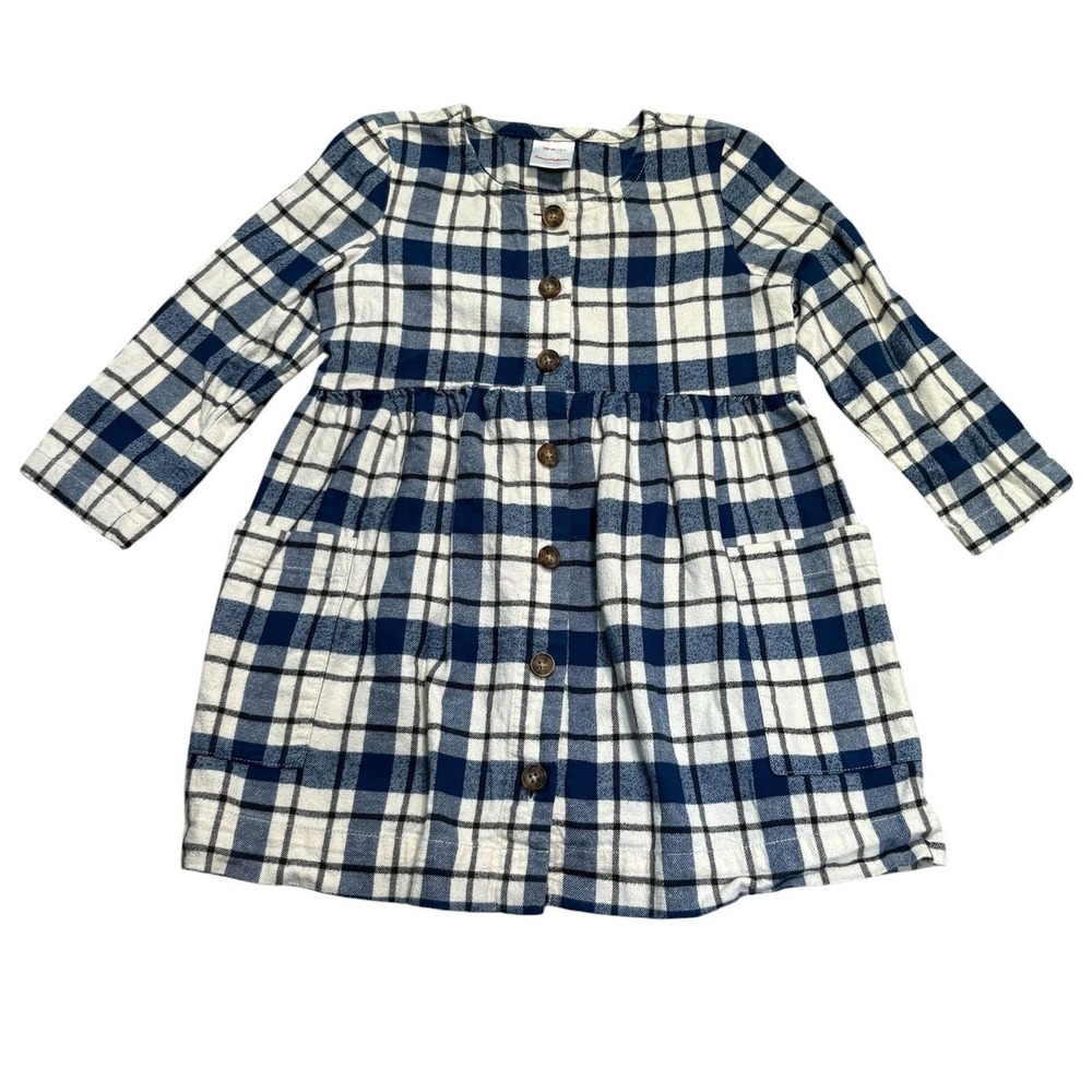 Hanna Andersson Flannel Dress Plaid Button Front Cotton Girls Size 4 Blue White